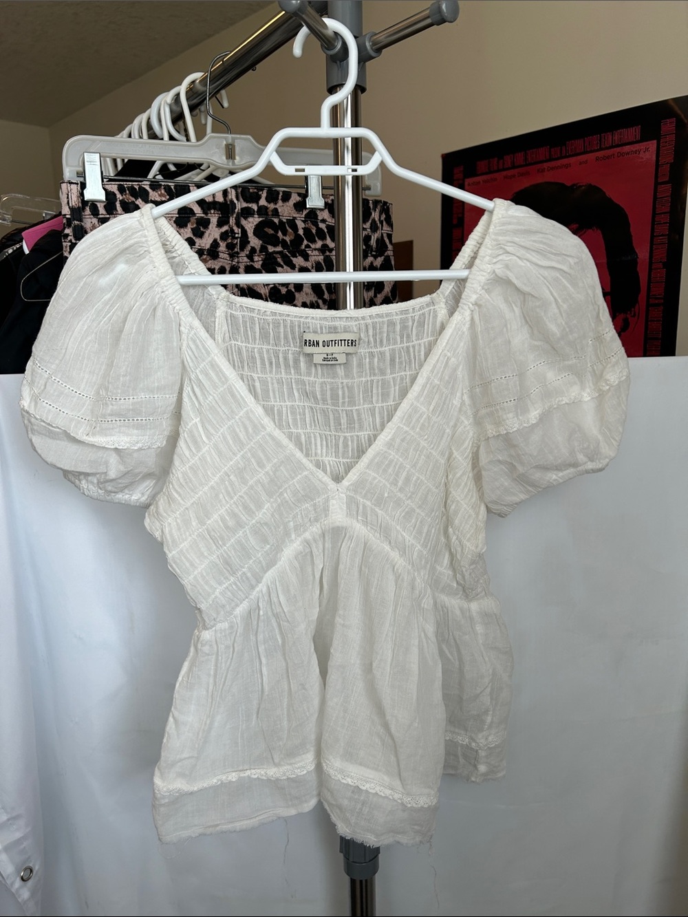 Urban Outfitters White Puff-Sleeve V-Neck Peplum Top